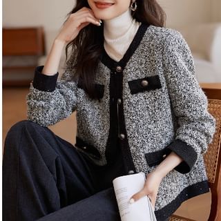 Jeonseon-Round Neck Two Tone Single Breasted Tweed Jacket