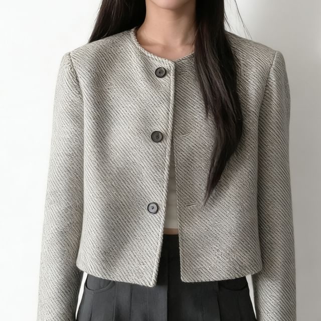 Jeonseon-Round Neck Wool Button Up Jacket