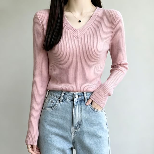 Jeonseon-S V-Neck Plain Ribbed Knit Sweater