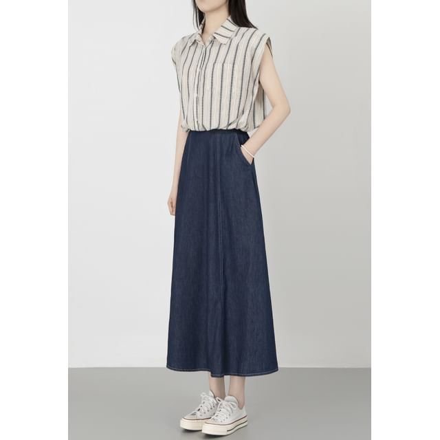 Jeonseon-Set Cap-Sleeve Collared Striped Drawstring Button-Up Crop Blouse High Waist Denim Midi A-Line Skirt