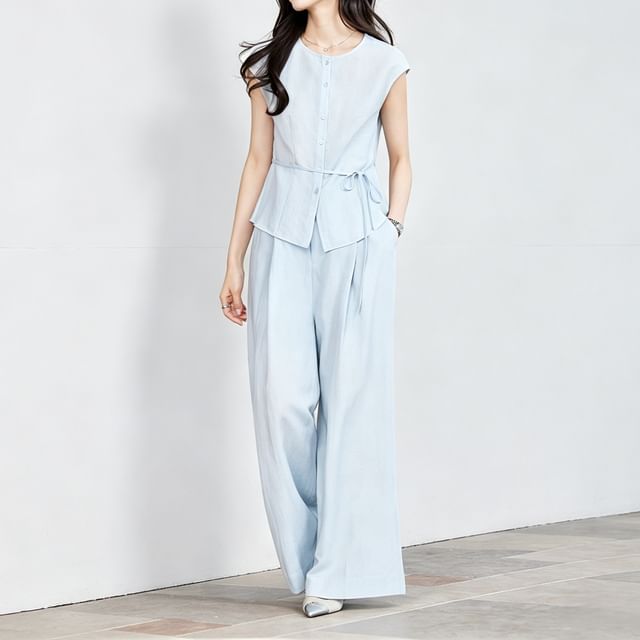 Jeonseon-Set Cap-Sleeve Crew Neck Button-Up Plain Blouse High Waist Wide Leg Pants