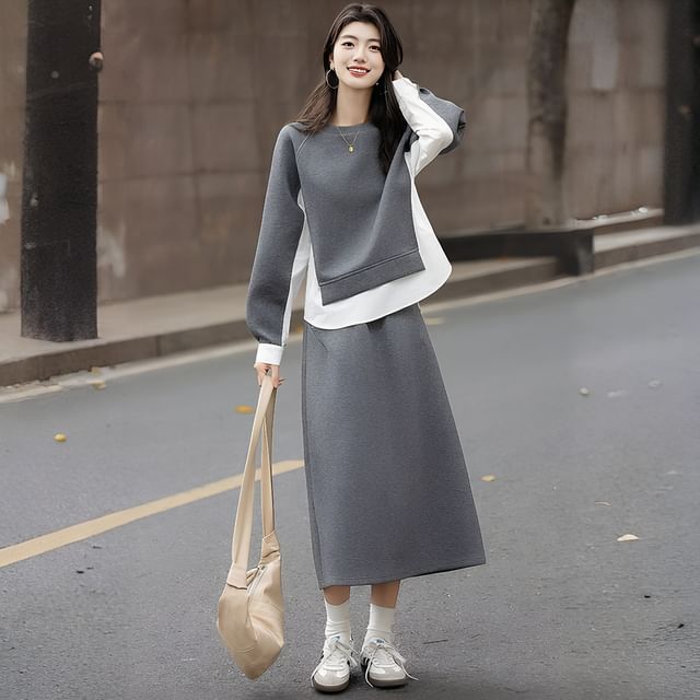 Jeonseon-Set Mock Two-Piece Round Neck Two Tone Pullover High Waist Plain Slit Midi A-Line Skirt