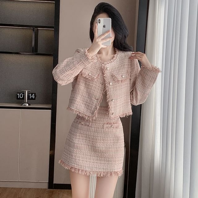 Jeonseon-Set Round Neck Tweed Button Up Jacket High Rise Mini A-Line Skirt