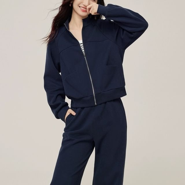 Jeonseon-Set Stand Collar Plain Zip Jacket Drawstring Waist Plain Loose Fit Pants