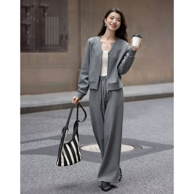 Jeonseon-Set V-Neck Melange Lace Trim Zip Jacket Drawstring Waist Wide Leg Pants