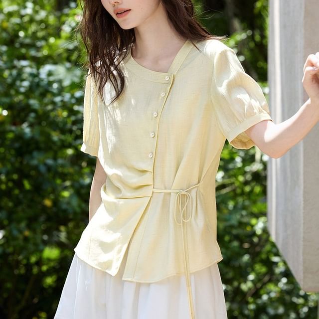 Jeonseon-Short-Sleeve Asymmetrical Neck Plain Blouse
