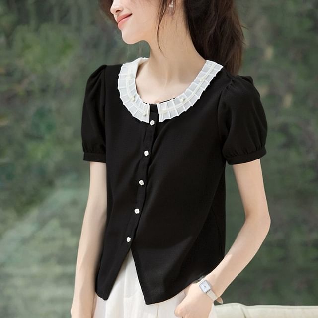 Jeonseon-Short-Sleeve Collared Plain Button Up Blouse