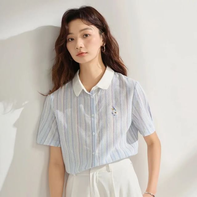 Jeonseon-Short-Sleeve Collared Striped Button Up Shirt