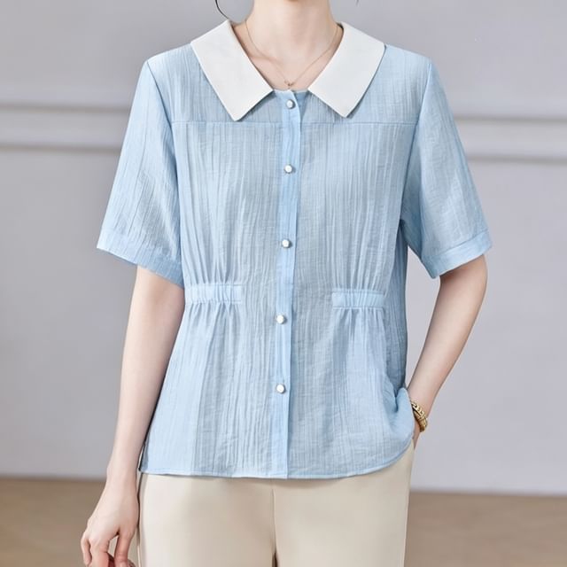 Jeonseon-Short-Sleeve Collared Two Tone Blouse