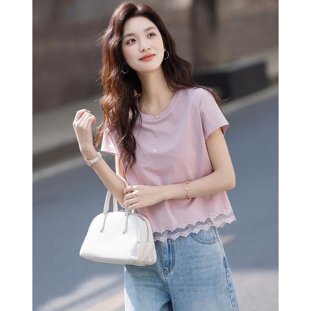 Jeonseon-Short-Sleeve Crew Neck Plain Lace Panel Tee