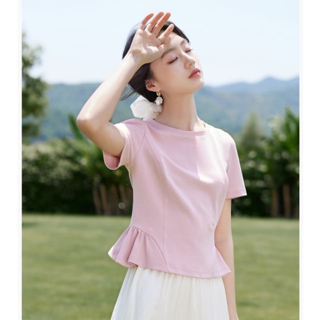 Jeonseon-Short Sleeve Crew Neck Plain Peplum Tee