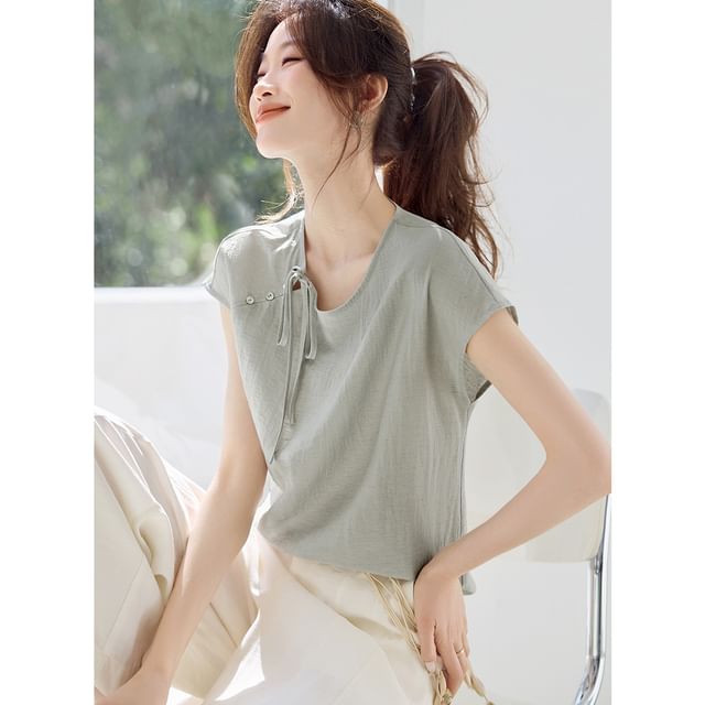 Jeonseon-Short Sleeve Crew Neck Plain Top