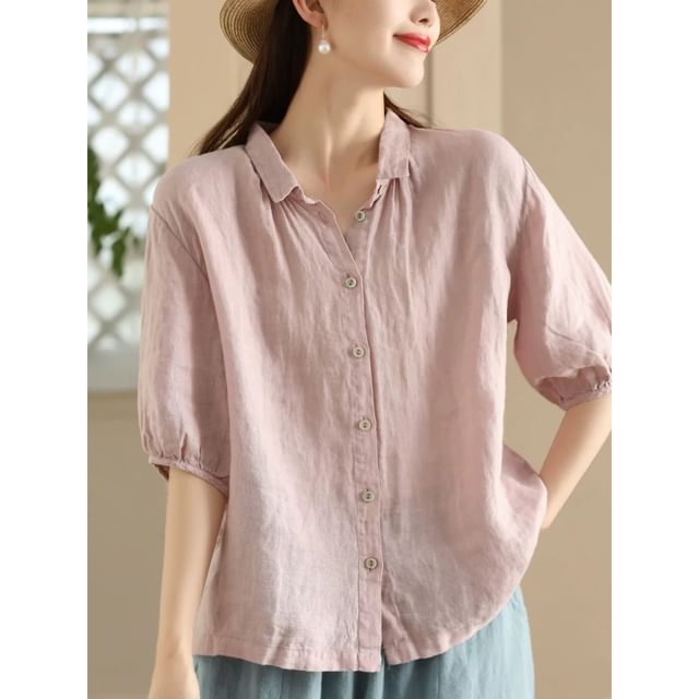 Jeonseon-Short-Sleeve Plain Blouse