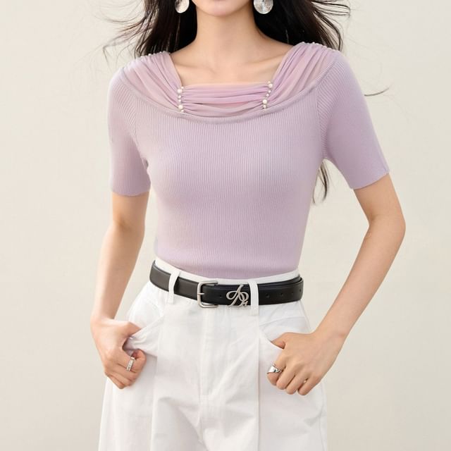Jeonseon-Short-Sleeve Sheer Panel Plain Knit Top