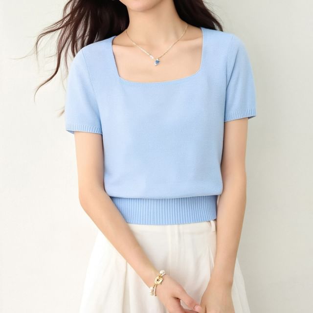 Jeonseon-Short-Sleeve Square Neck Plain Knit Top