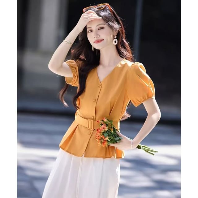 Jeonseon-Short-Sleeve V-Neck Plain Button Up Blouse