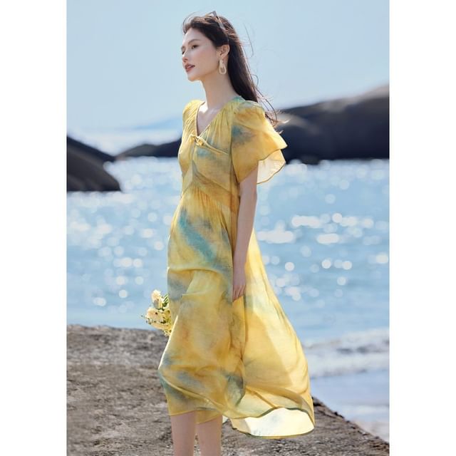 Short Sleeve V-Neck Tie-Dye Midi A-Line Dress