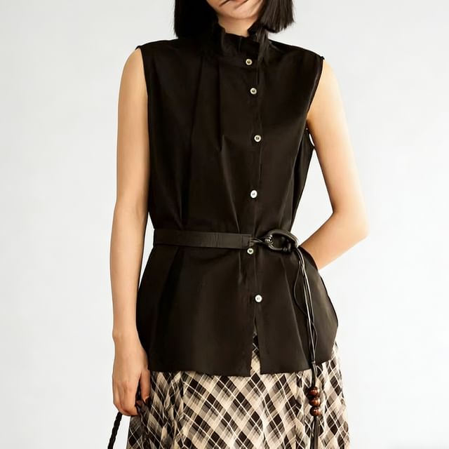 Jeonseon-Sleeveless Plain Ruffle Collar Button-Up Blouse
