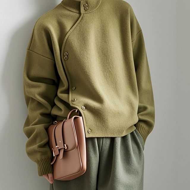 Jeonseon-Stand Collar Asymmetrical Button-Up Plain Cardigan