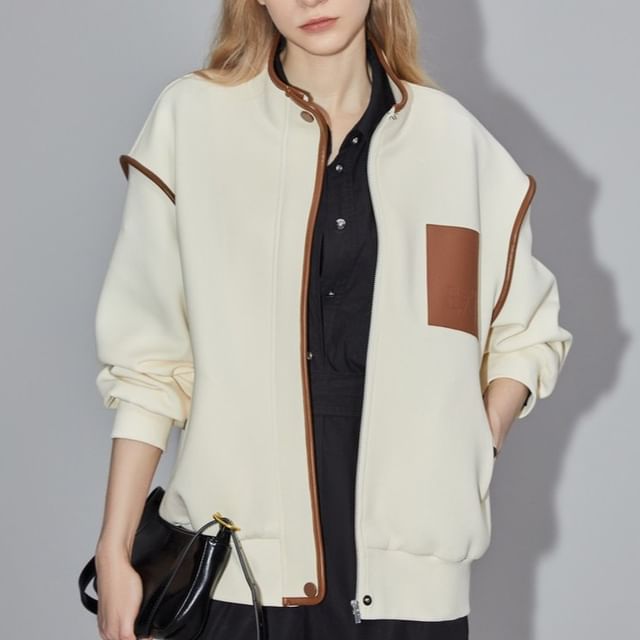 Jeonseon-Stand Collar Contrast Trim Zip Jacket