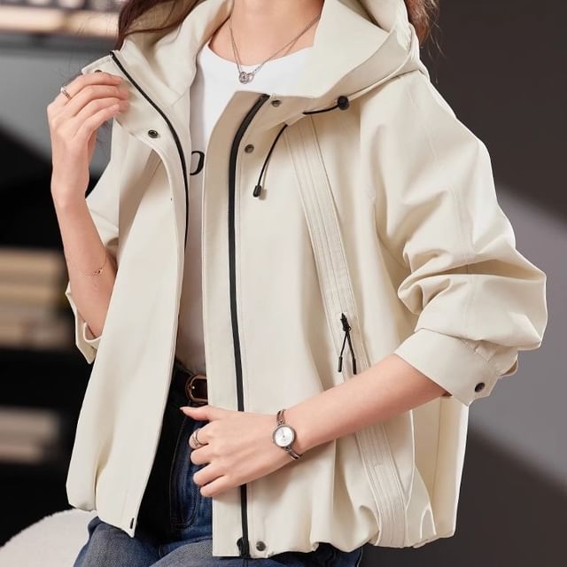 Jeonseon-Stand Collar Drawstring Hooded Zip Jacket