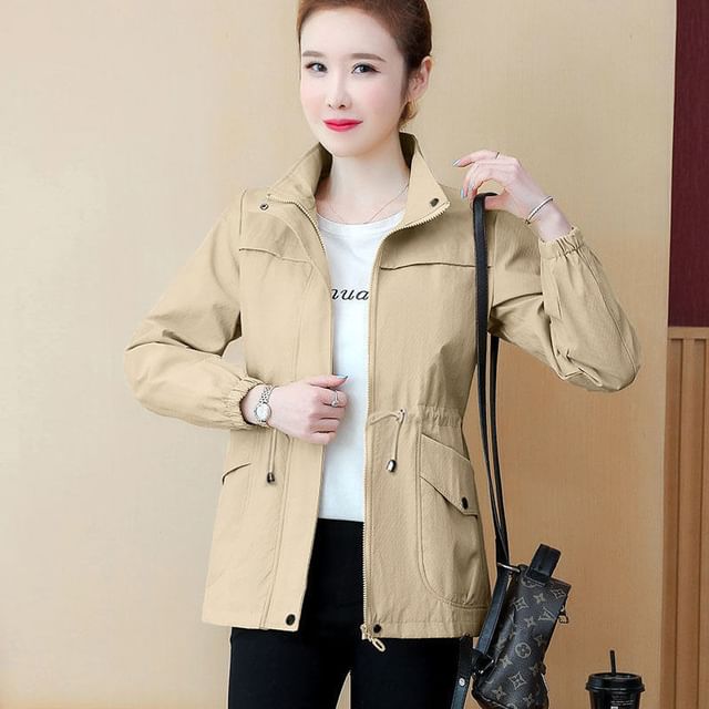 Jeonseon-Stand Collar Drawstring Waist Zip-Up Plain Trench Jacket