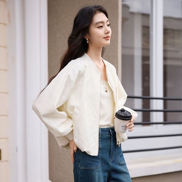 Jeonseon-Stand Collar Jacquard Sequin Zip-Up Jacket