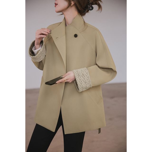 Jeonseon-Stand Collar Lace Panel One-Buttoned Trench Jacket