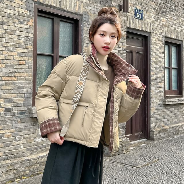 Jeonseon-Stand Collar Plaid Puffer Vest
