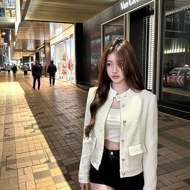 Jeonseon-Stand Collar Plain Button Up Jacket