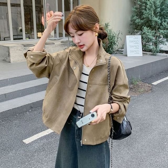 Jeonseon-Stand Collar Plain Zip Jacket