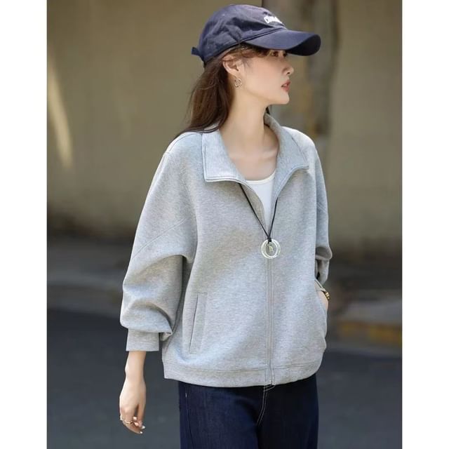 Jeonseon-Stand Collar Plain Zip Jacket