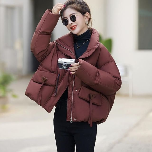Jeonseon-Stand Collar Plain Zip Puffer Jacket