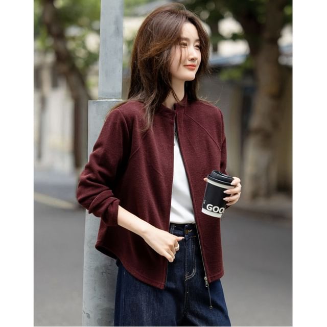 Jeonseon-Stand Collar Plain Zip-Up Jacket