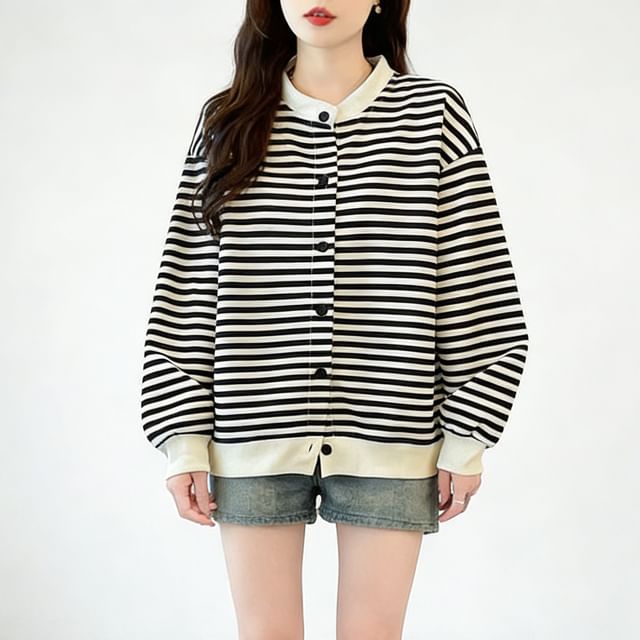 Jeonseon-Stand Collar Striped Button-Up Jacket