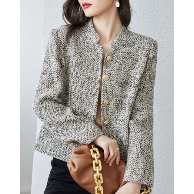 Jeonseon-Stand Collar Tweed Button Jacket