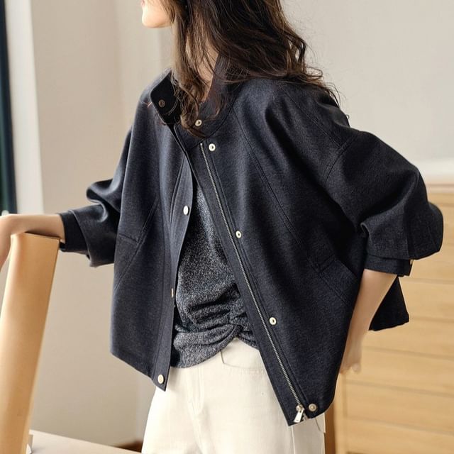 Jeonseon-Stand Collar Zip-Up Denim Jacket