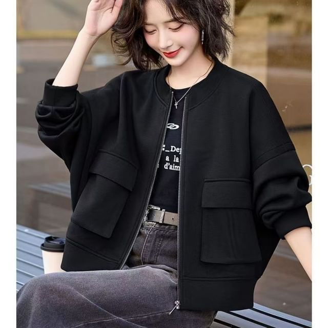Jeonseon-Stand Collar Zip-Up Plain Jacket