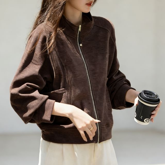 Jeonseon-Stand Collar Zip-Up Plain Jacket