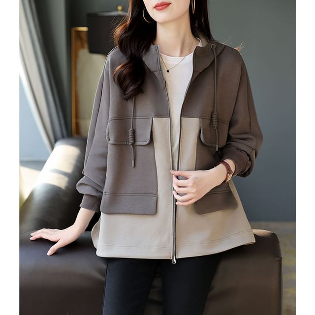 Jeonseon-Two Tone Hooded Zip-Up Jacket