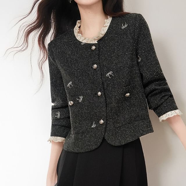 Jeonseon-U-Neck Tweed Button-Up Jacket