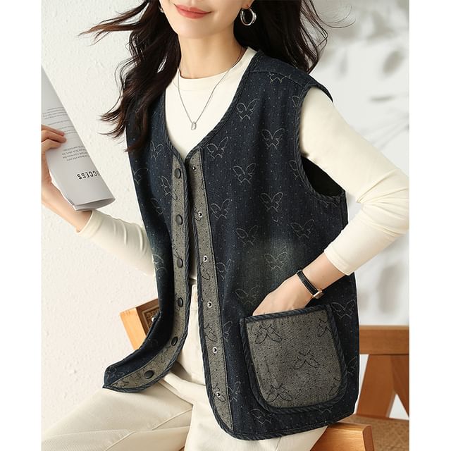 Jeonseon-V-Neck Button-Up Denim Vest