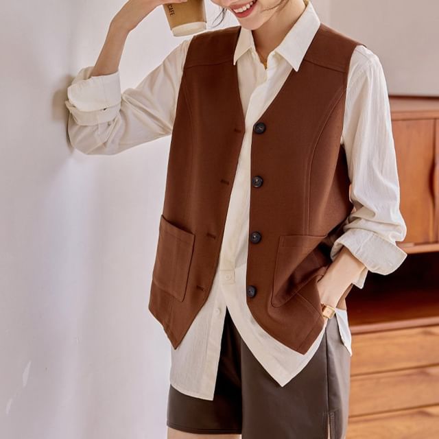 Jeonseon-V-Neck Button-Up Plain Vest