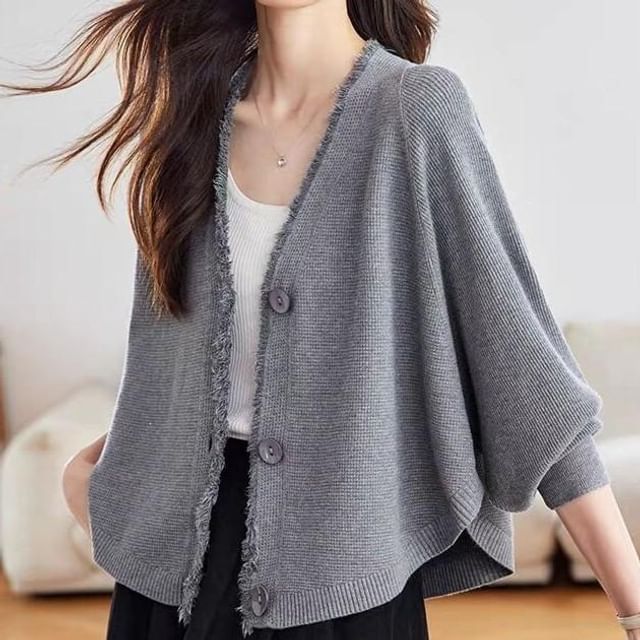 Jeonseon-V-Neck Frayed Trim Button-Up Plain Cardigan