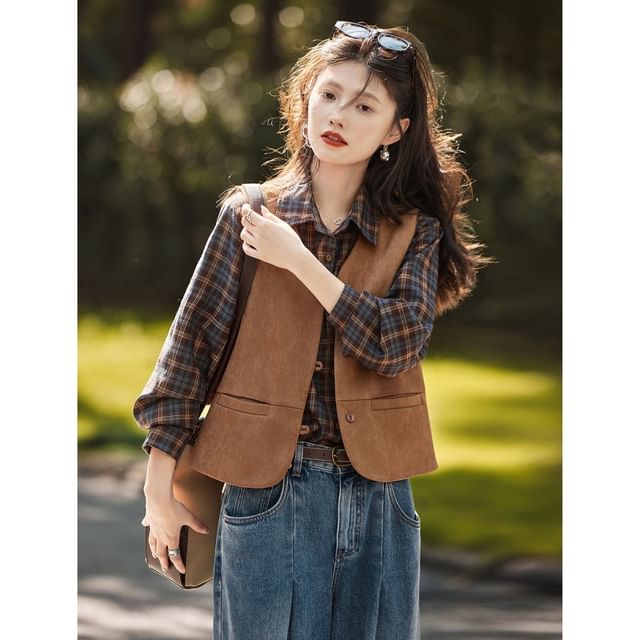Jeonseon-V-Neck Plain Button Up Vest