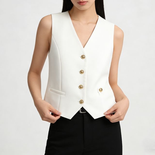 Jeonseon-V-Neck Plain Button-Up Vest