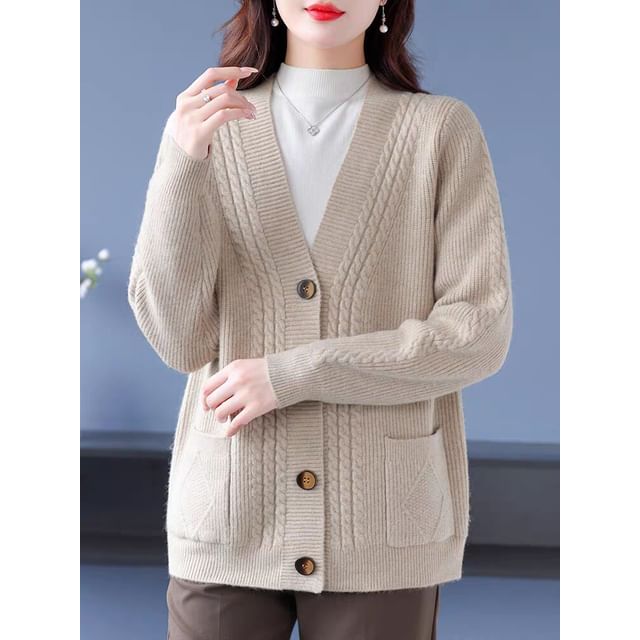Jeonseon-V-Neck Plain Cable Knit Cardigan