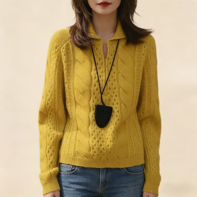 Jeonseon-V-Neck Plain Cable Knit Polo Sweater