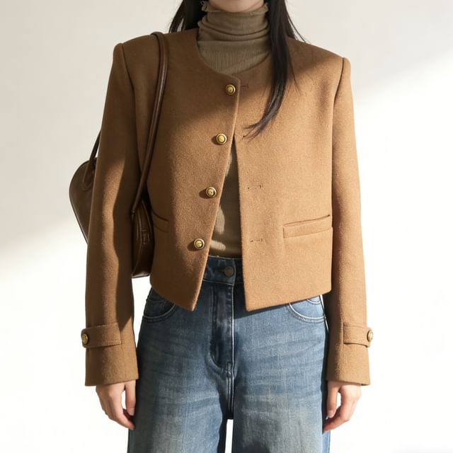 Jeonseon-V-Neck Plain Single Breasted Jacket