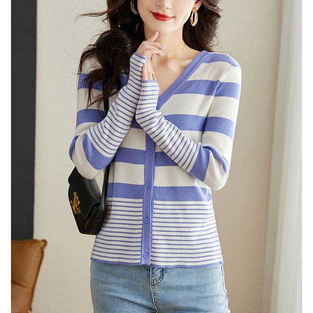 Jeonseon-V-Neck Striped Cardigan